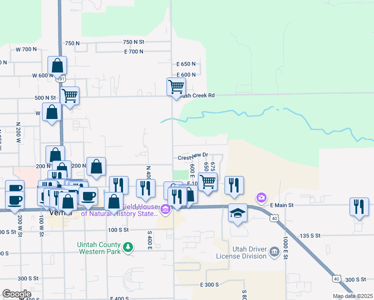map of restaurants, bars, coffee shops, grocery stores, and more near 568 East 250 North in Vernal