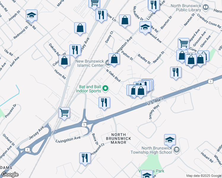 map of restaurants, bars, coffee shops, grocery stores, and more near 1210 North Oaks Boulevard in North Brunswick Township