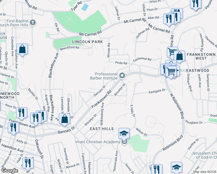 map of restaurants, bars, coffee shops, grocery stores, and more near 8522 Dersam Street in Pittsburgh