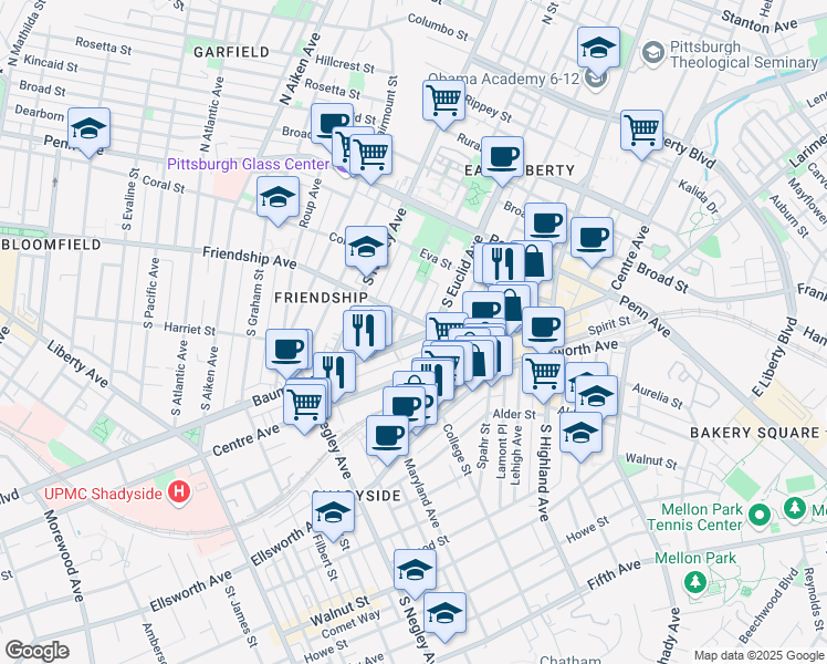 map of restaurants, bars, coffee shops, grocery stores, and more near 5815 Baum Boulevard in Pittsburgh