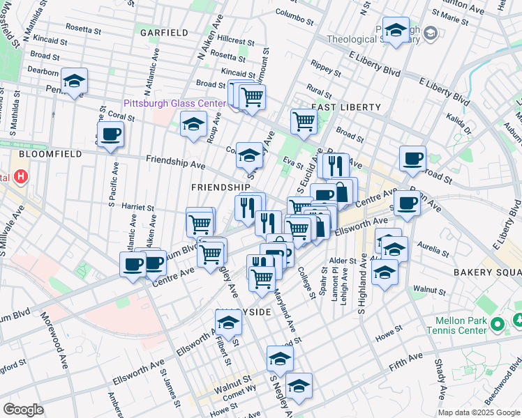 map of restaurants, bars, coffee shops, grocery stores, and more near 328 Amber Street in Pittsburgh