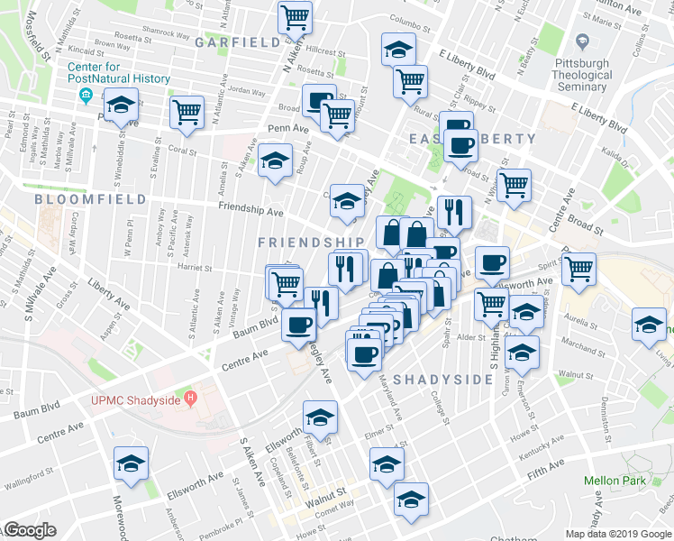 map of restaurants, bars, coffee shops, grocery stores, and more near 328 Amber Street in Pittsburgh