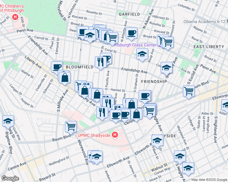 map of restaurants, bars, coffee shops, grocery stores, and more near 402 South Atlantic Avenue in Pittsburgh