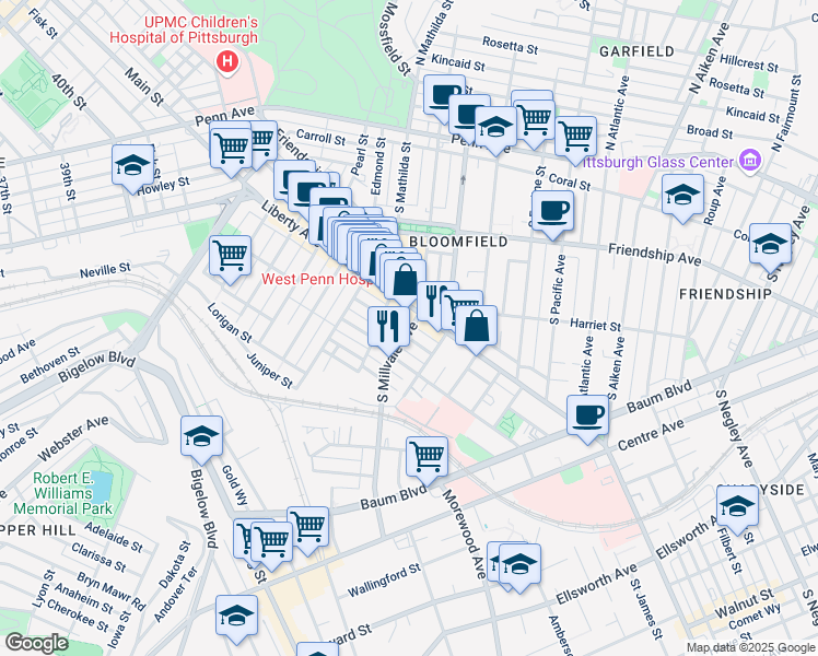 map of restaurants, bars, coffee shops, grocery stores, and more near in Pittsburgh