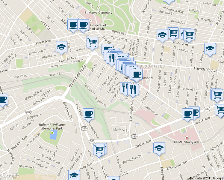 map of restaurants, bars, coffee shops, grocery stores, and more near 427 State Way in Pittsburgh