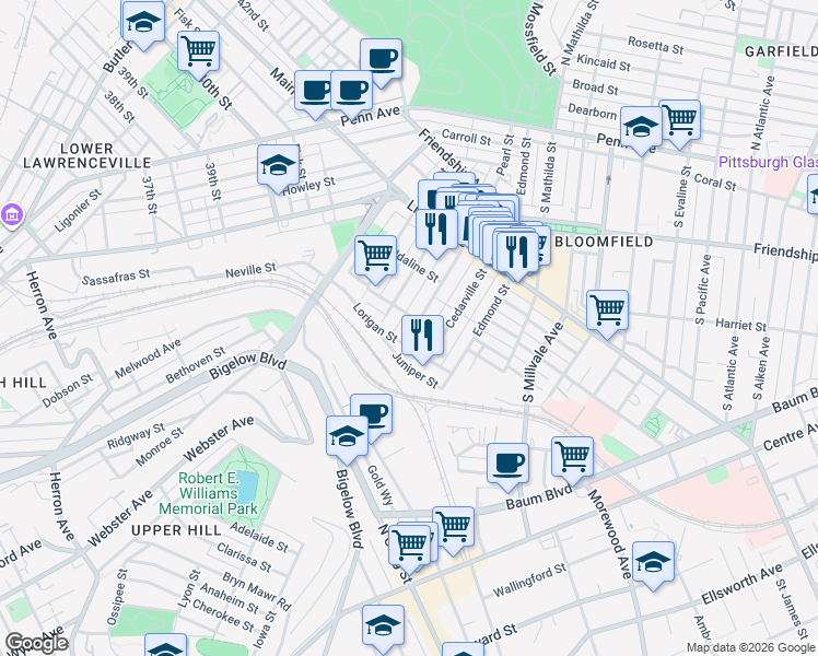 map of restaurants, bars, coffee shops, grocery stores, and more near 453 Pearl Street in Pittsburgh