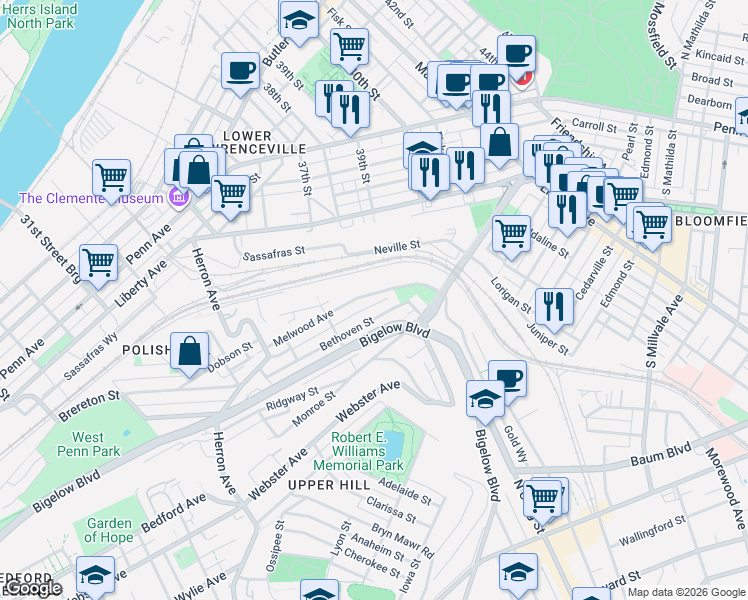 map of restaurants, bars, coffee shops, grocery stores, and more near 3626 Melwood Avenue in Pittsburgh