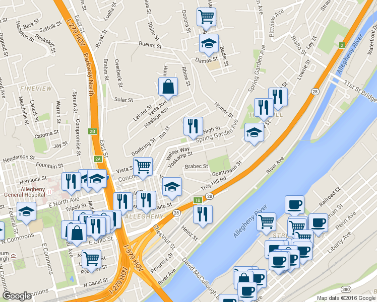 map of restaurants, bars, coffee shops, grocery stores, and more near 1148 Voskamp Street in Pittsburgh