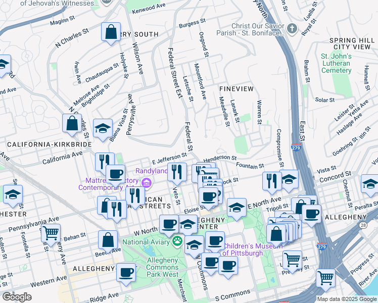 map of restaurants, bars, coffee shops, grocery stores, and more near 100 Jefferson Street in Pittsburgh