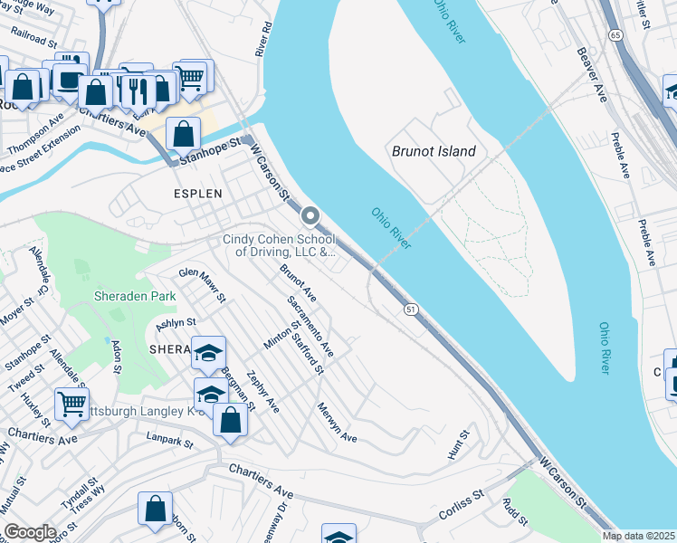 map of restaurants, bars, coffee shops, grocery stores, and more near 128 Earl Street in Pittsburgh