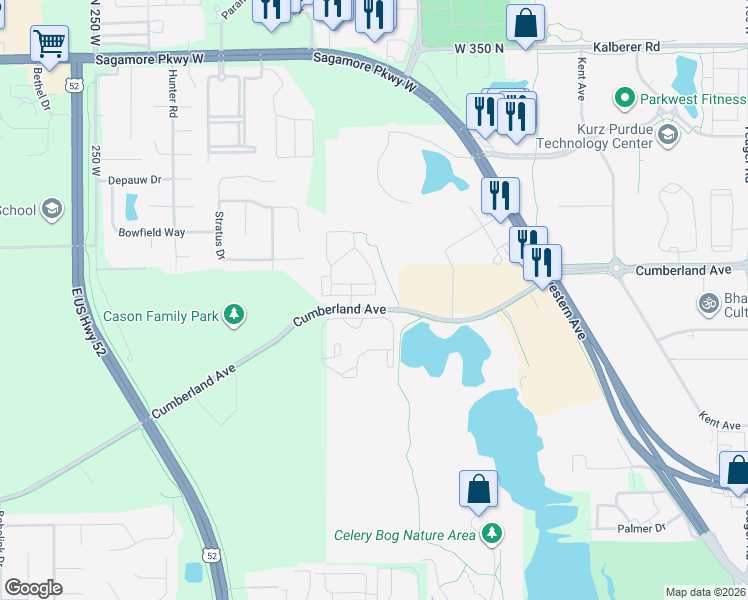 map of restaurants, bars, coffee shops, grocery stores, and more near 1861 Camden Lane in West Lafayette