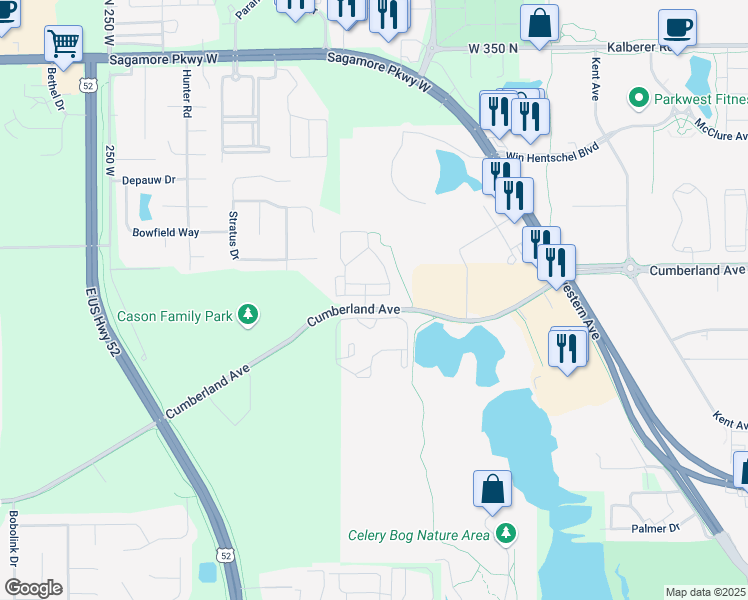 map of restaurants, bars, coffee shops, grocery stores, and more near 1891 Camden Lane in West Lafayette