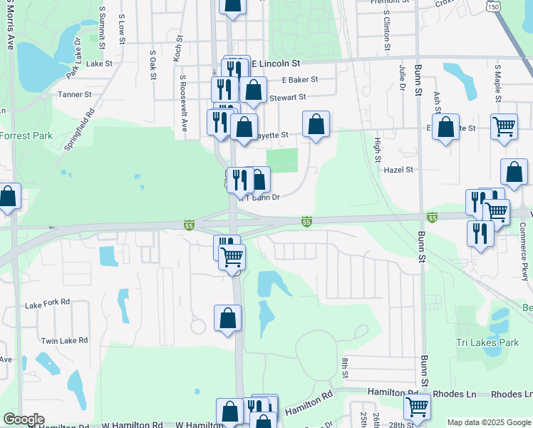 map of restaurants, bars, coffee shops, grocery stores, and more near 1716 R T Dunn Drive in Bloomington