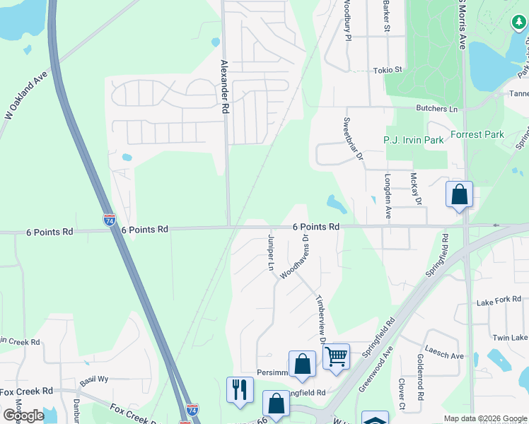 map of restaurants, bars, coffee shops, grocery stores, and more near 1601 6 Points Road in Bloomington