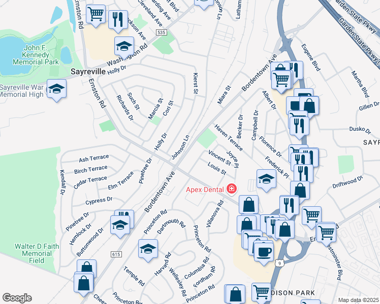 map of restaurants, bars, coffee shops, grocery stores, and more near 1020 Bordentown Avenue in Sayreville