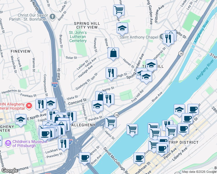 map of restaurants, bars, coffee shops, grocery stores, and more near 1148 Voskamp Street in Pittsburgh