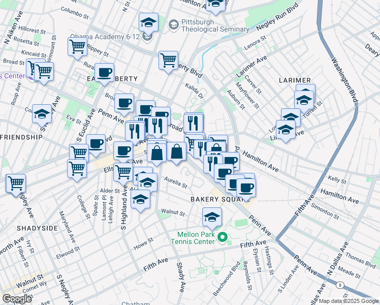 map of restaurants, bars, coffee shops, grocery stores, and more near 6325 Penn Avenue in Pittsburgh
