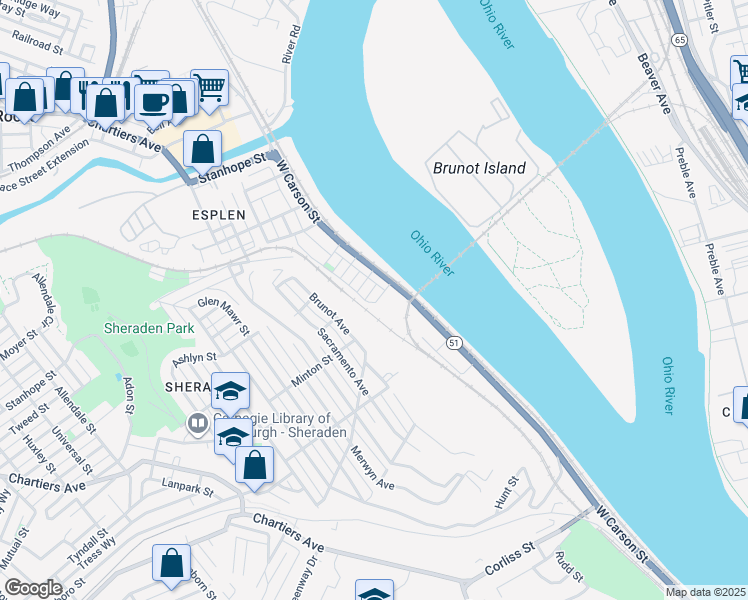 map of restaurants, bars, coffee shops, grocery stores, and more near 128 Earl Street in Pittsburgh