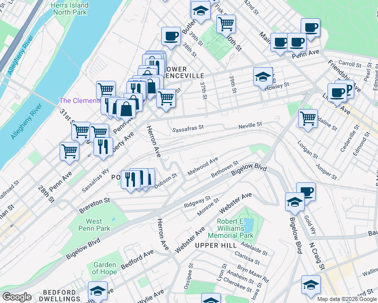 map of restaurants, bars, coffee shops, grocery stores, and more near 3404 Ruthven St in Pittsburgh