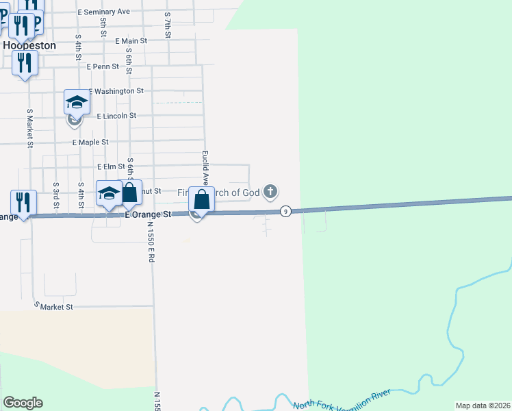 map of restaurants, bars, coffee shops, grocery stores, and more near 1078-1198 East Orange Street in Hoopeston