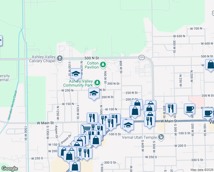 map of restaurants, bars, coffee shops, grocery stores, and more near 280 North 900 West in Vernal