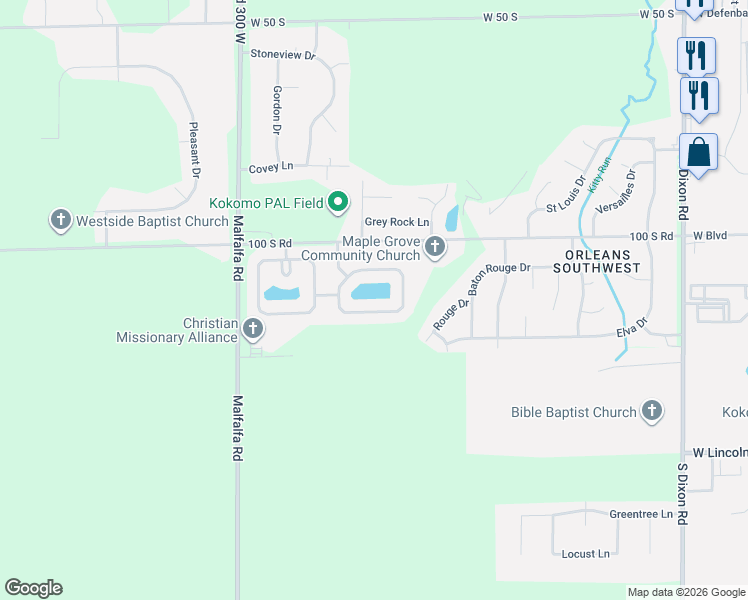 map of restaurants, bars, coffee shops, grocery stores, and more near 3397 Weathered Rock Cir in Kokomo
