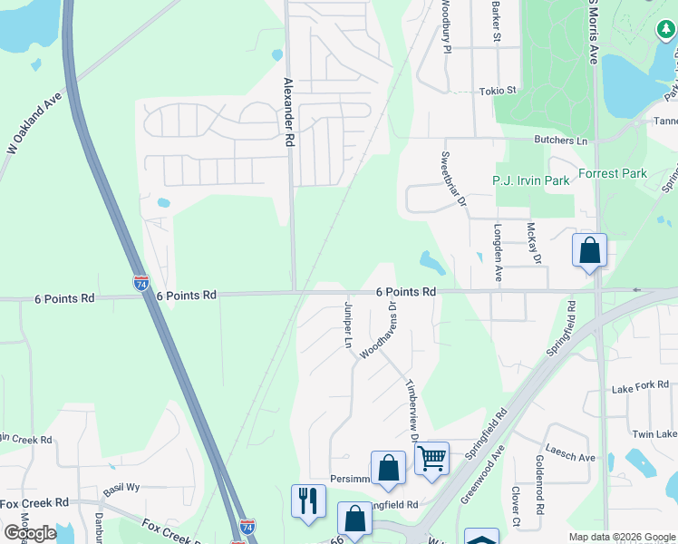 map of restaurants, bars, coffee shops, grocery stores, and more near 1601 6 Points Road in Bloomington