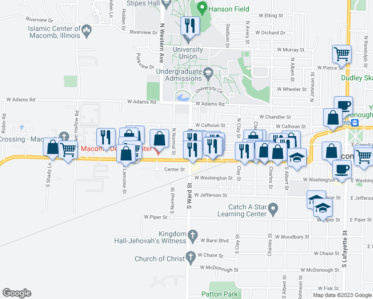 map of restaurants, bars, coffee shops, grocery stores, and more near 130 North Ward Street in Macomb
