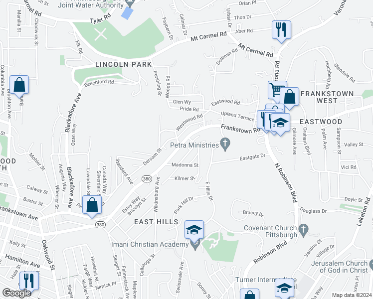 map of restaurants, bars, coffee shops, grocery stores, and more near 8701 Bricelyn Street in Pittsburgh