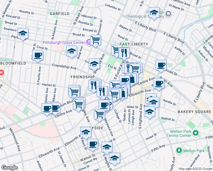 map of restaurants, bars, coffee shops, grocery stores, and more near 5815 Baum Boulevard in Pittsburgh