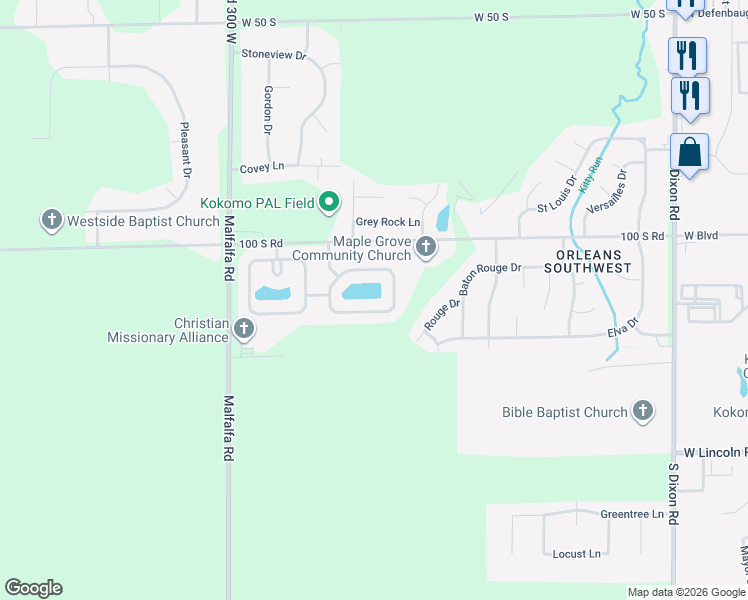 map of restaurants, bars, coffee shops, grocery stores, and more near 3397 Weathered Rock Circle in Kokomo