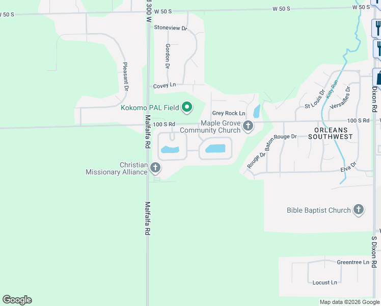 map of restaurants, bars, coffee shops, grocery stores, and more near 2811 Bridgestone Circle in Kokomo