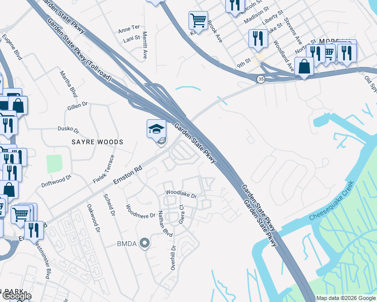 map of restaurants, bars, coffee shops, grocery stores, and more near 212 Check Avenue in Sayreville