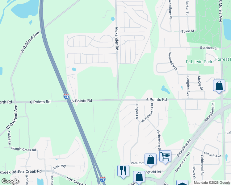 map of restaurants, bars, coffee shops, grocery stores, and more near 1601 6 Points Road in Bloomington