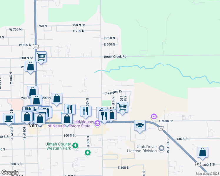 map of restaurants, bars, coffee shops, grocery stores, and more near 568 East 250 North in Vernal