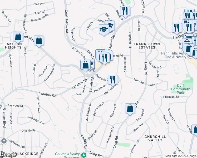 map of restaurants, bars, coffee shops, grocery stores, and more near 122 Pennoak Drive in Penn Hills