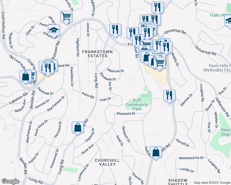 map of restaurants, bars, coffee shops, grocery stores, and more near 357 Iris Drive in Pittsburgh