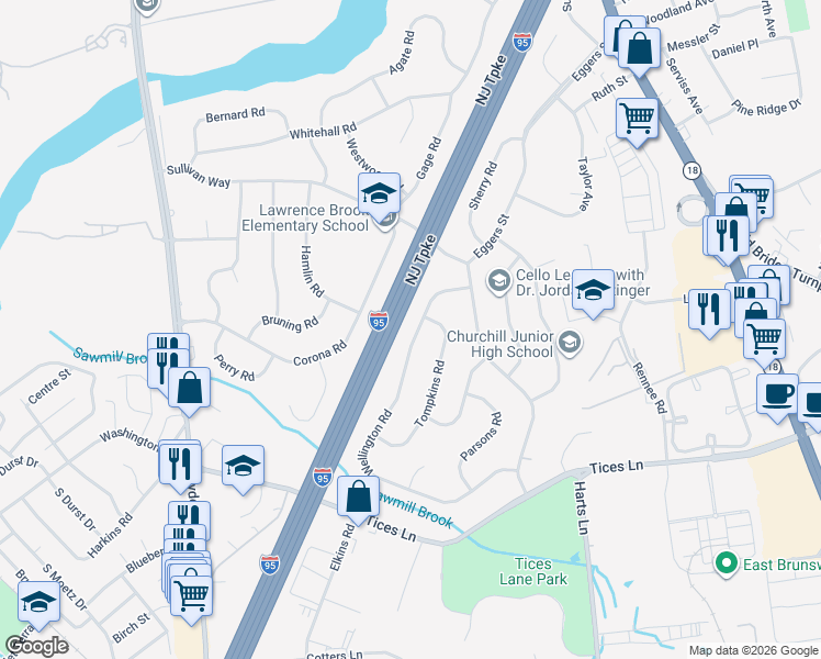map of restaurants, bars, coffee shops, grocery stores, and more near 19 Wellington Road in East Brunswick