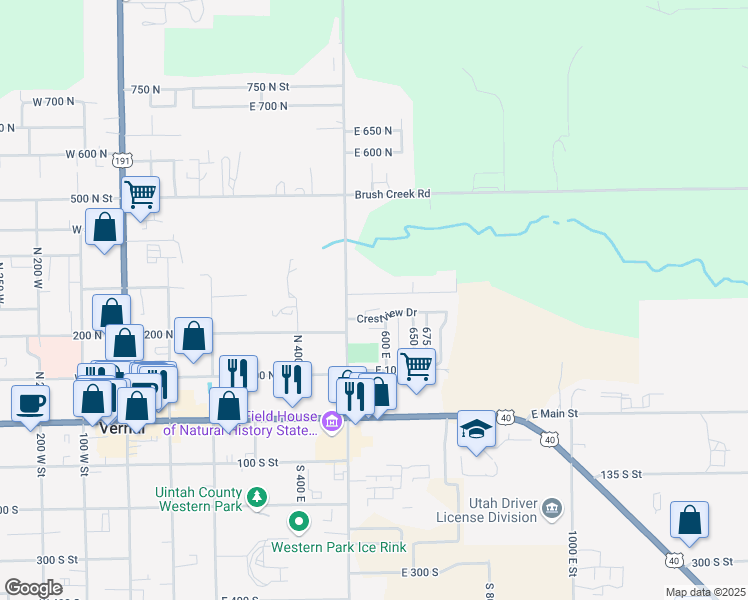 map of restaurants, bars, coffee shops, grocery stores, and more near 568 East 250 North in Vernal