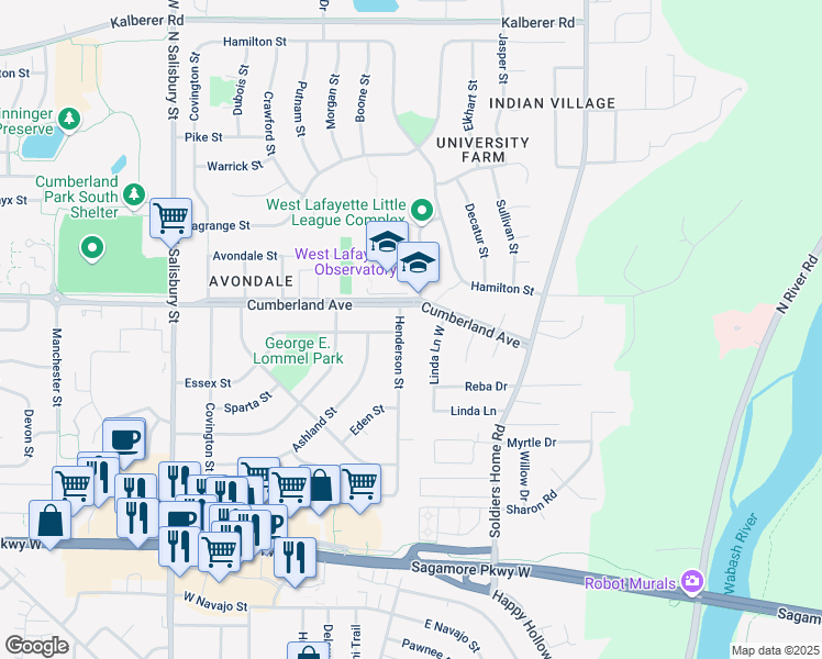 map of restaurants, bars, coffee shops, grocery stores, and more near 601-607 Essex St in West Lafayette