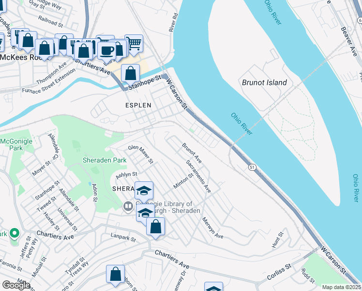 map of restaurants, bars, coffee shops, grocery stores, and more near 3200 Sacramento Avenue in Pittsburgh