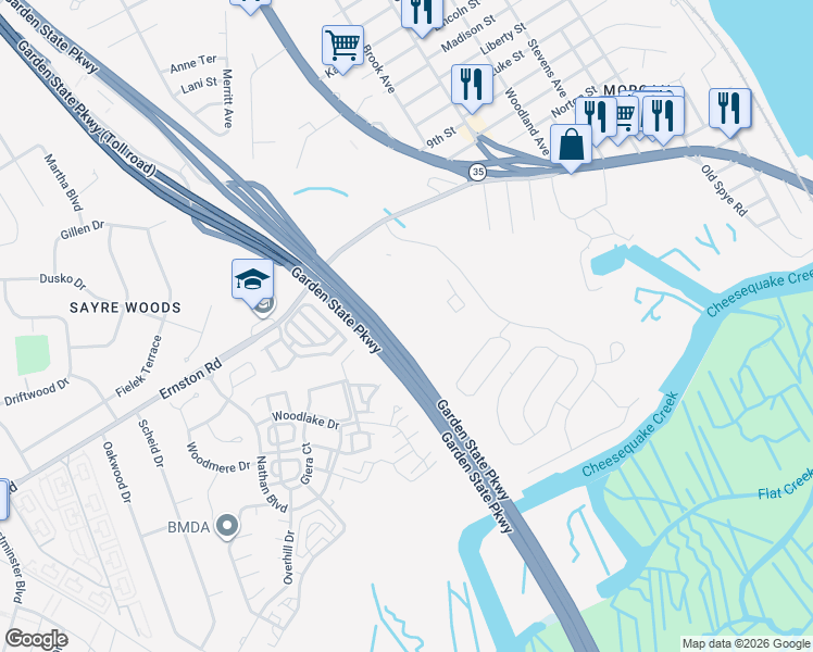map of restaurants, bars, coffee shops, grocery stores, and more near 2009 Bayhead Drive in Sayreville