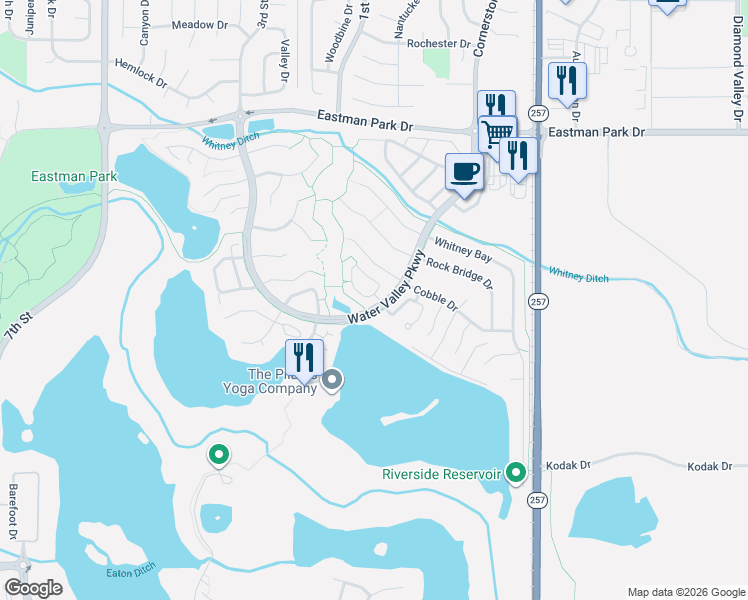 map of restaurants, bars, coffee shops, grocery stores, and more near 107 Bayside Circle in Windsor