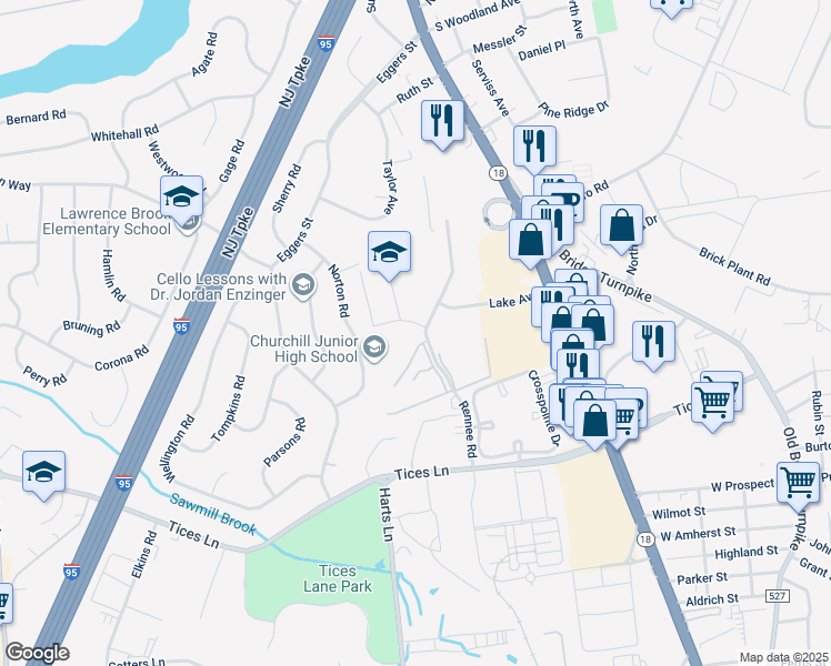 map of restaurants, bars, coffee shops, grocery stores, and more near 18 Norton Road in East Brunswick