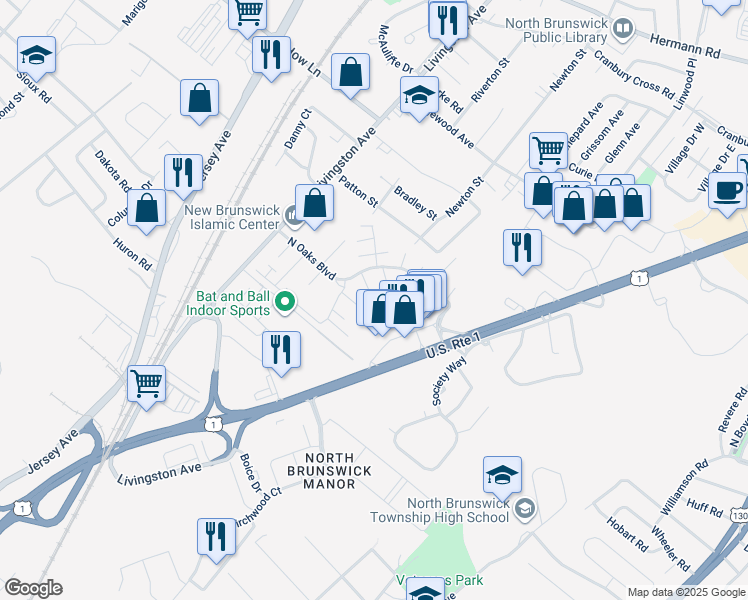 map of restaurants, bars, coffee shops, grocery stores, and more near 3501 North Oaks Boulevard in North Brunswick Township