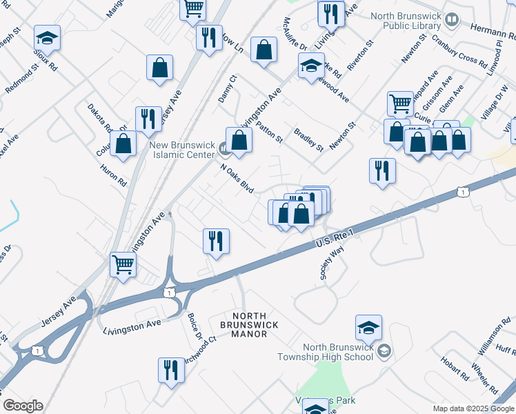 map of restaurants, bars, coffee shops, grocery stores, and more near 1319 North Oaks Boulevard in North Brunswick Township