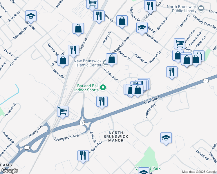 map of restaurants, bars, coffee shops, grocery stores, and more near 1210 North Oaks Boulevard in North Brunswick Township