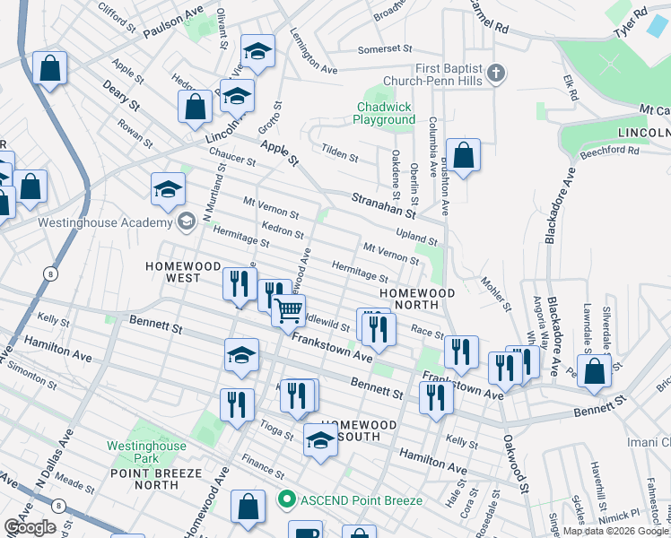 map of restaurants, bars, coffee shops, grocery stores, and more near 7217 Monticello Street in Pittsburgh