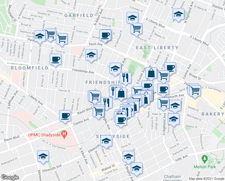 map of restaurants, bars, coffee shops, grocery stores, and more near 328 Amber Street in Pittsburgh