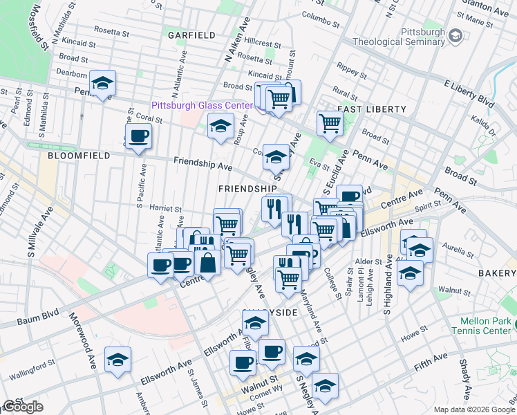 map of restaurants, bars, coffee shops, grocery stores, and more near 358 South Negley Avenue in Pittsburgh
